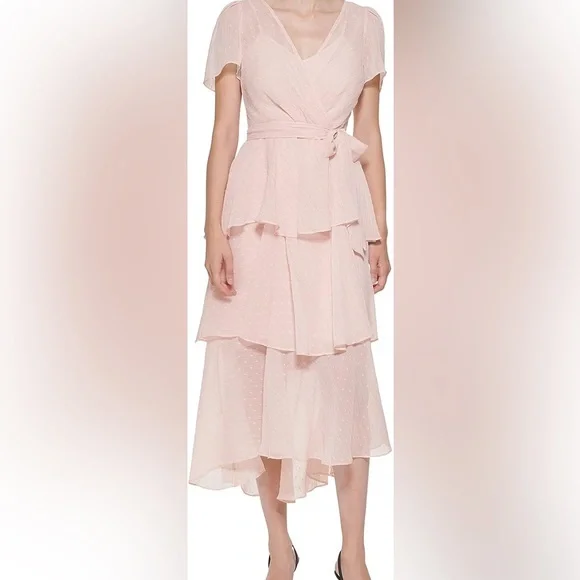 calvin klein pink ruffle dress Calvin Klein women's pink dress 6 ruffled neck NWT